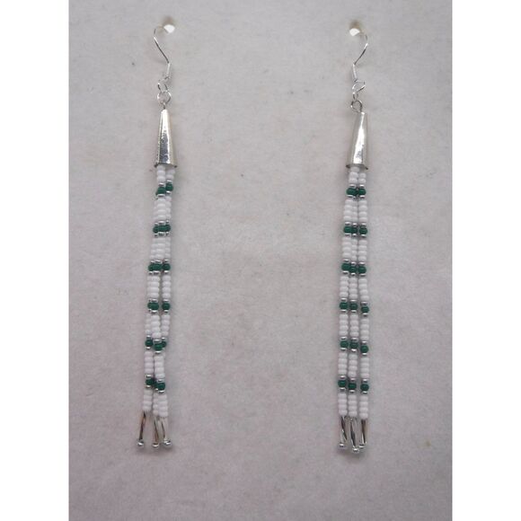 Earrings Beaded White, Green & Silver - Picture 3 of 3